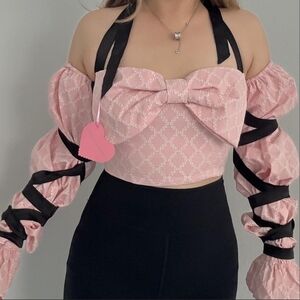Dolls Kill Pink and Black Off-Shoulder Crop Top
